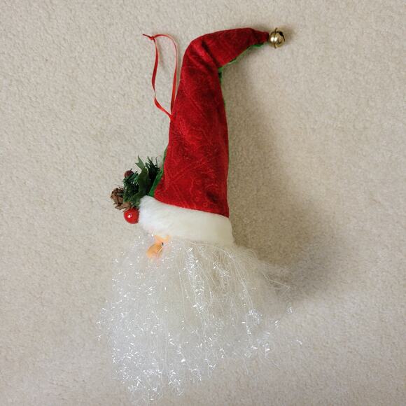 Vintage Lg Santa Face Ornament Velvet Cap Jingle Bell Greenery Door Wall Tree - Picture 6 of 13